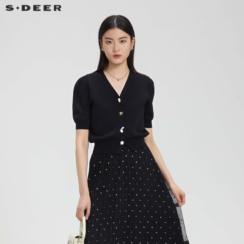 【商场同款】sdeer圣迪奥女复古罗纹V领中袖开衫针织衫S23283507