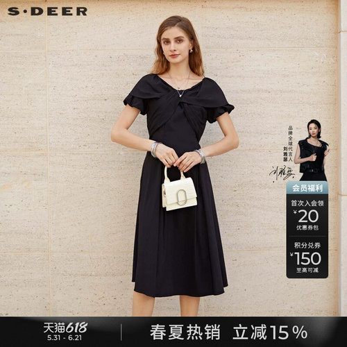 s.deer甜美圆领蝴蝶结短袖连衣裙