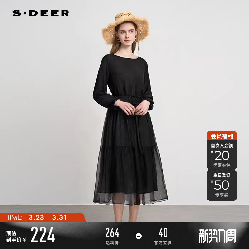 sdeer圣迪奥春秋装女装复古圆领收腰网纱肌理连衣裙S243Z1272
