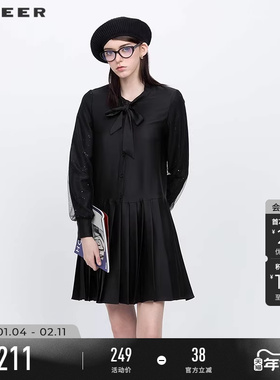 sdeer圣迪奥春装女装系带网纱百褶衬衫连衣裙S231Z1282