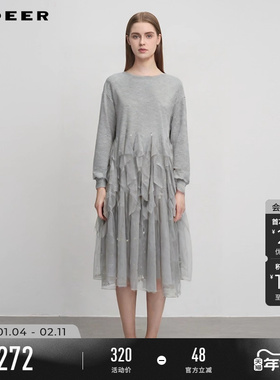 sdeer圣迪奥冬季女装圆领网纱不规则卫衣连衣裙S244Z1264