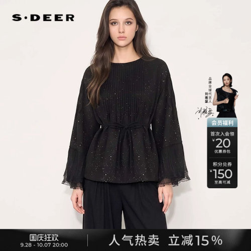 sdeer风琴褶收腰花边宽松上衣