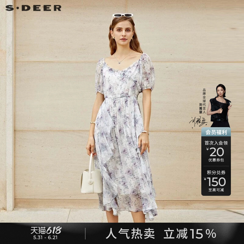 sdeer圣迪奥夏季女装方领木耳边碎花泡泡袖连衣裙S232Z12