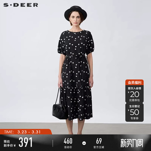 连衣裙S25261209 复古圆领撞色波点收腰短袖 sdeer圣迪奥夏装 女装