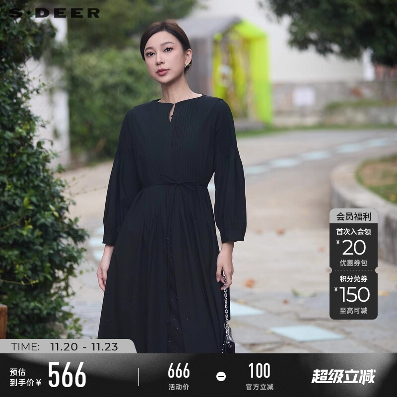 s.deer圆领风琴褶收腰网纱连衣裙
