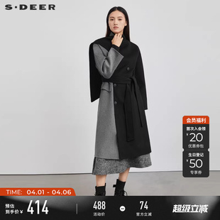 不规则领撞色收腰毛呢长款 大衣S223Z2505 春秋装 sdeer圣迪奥女装