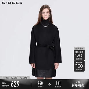 双面呢大衣S25462601 OL风V领收腰短款 sdeer圣迪奥女装 25年新品