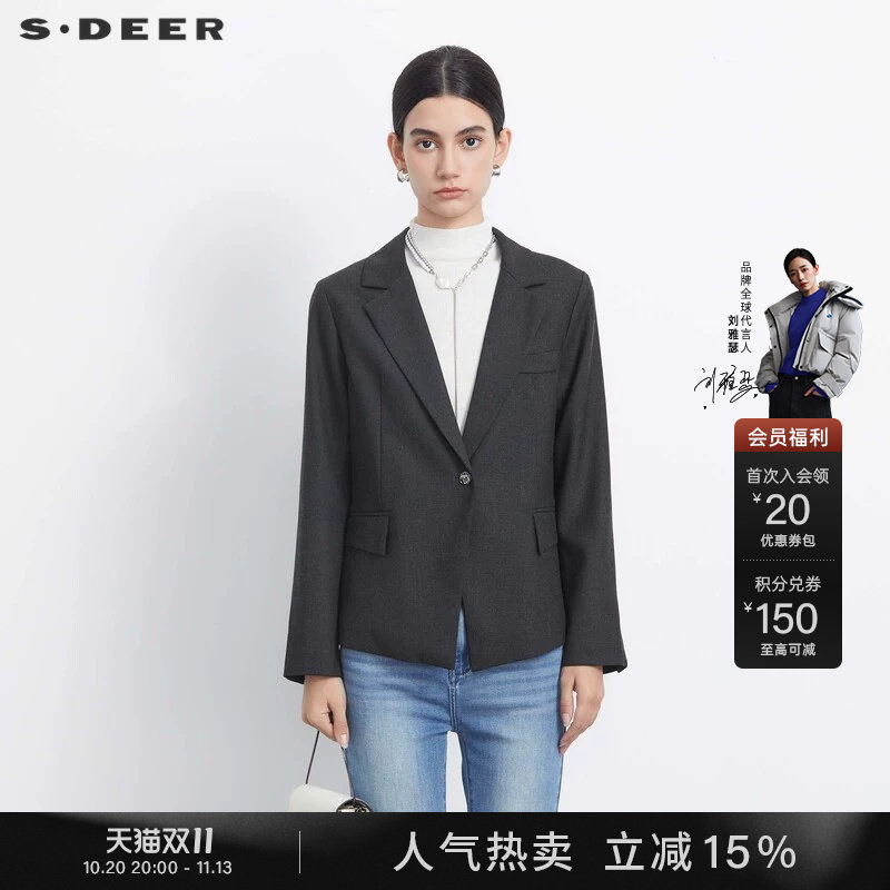 sdeer圣迪奥秋季女装西装领一粒扣绵羊毛毛呢西装外套S23382205