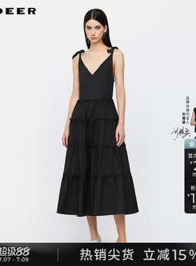 sdeer圣迪奥女装夏季田园风V领碎褶不规则背带裙S252Z2902