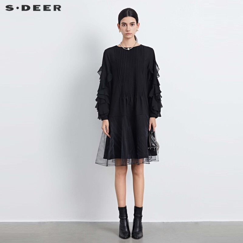 s.deer荷叶边网纱印花连衣裙