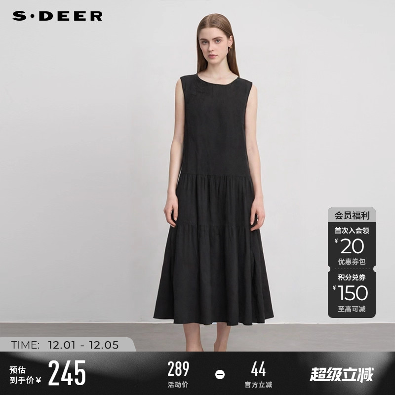 sdeer复古盘扣碎褶无袖连衣裙