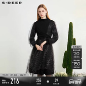 sdeer圣迪奥女装 时尚 圆领拼接网纱条纹连衣裙S231Z1256