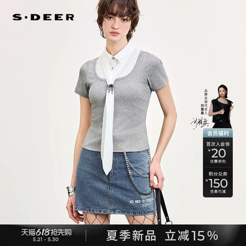 sdeer飘带胸针假两件短袖T恤