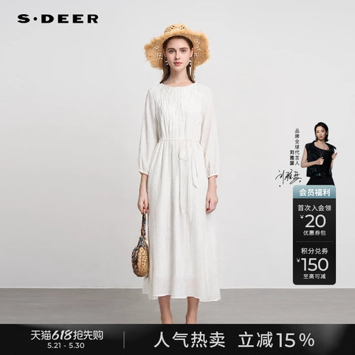 s.deer圆领肌理收腰长袖连衣裙