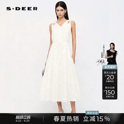 sdeer优雅V领收腰肌理无袖连衣裙