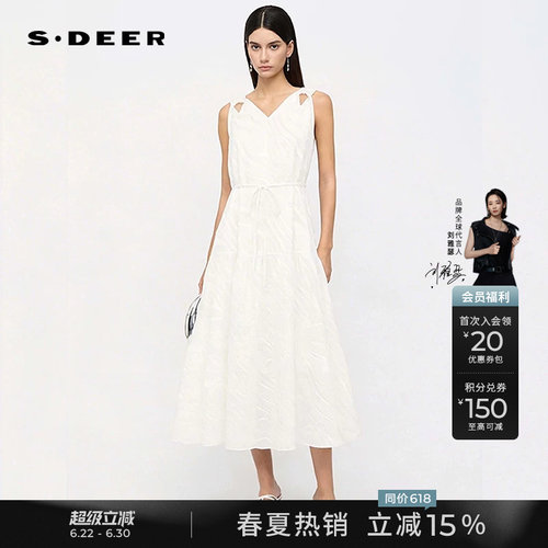 sdeer优雅V领收腰肌理无袖连衣裙