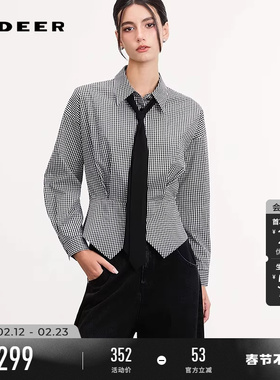 sdeer圣迪奥女装26年新品学院风翻领系带格纹不规则衬衫S261Z0504