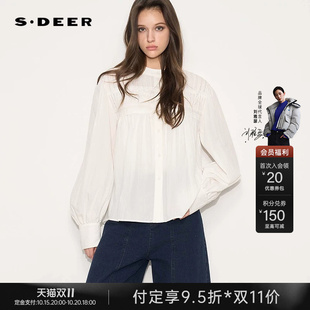 sdeer圣迪奥女装2026秋装新款田园风圆领抽褶宽松长袖白色衬衫