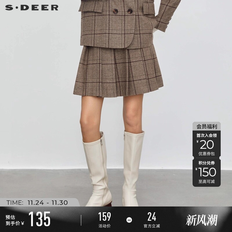 s.deer格纹百褶毛呢短裙半身裙