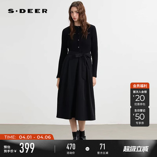 sdeer圣迪奥冬季 法式 圆领收腰拼接长袖 连衣裙S244Z1245 女装