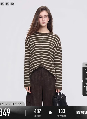 sdeer圣迪奥女装25年新品罗纹圆领撞色条纹宽松针织衫S254Z3513