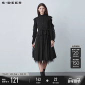 sdeer圣迪奥女春装 收腰网纱风琴褶拼接衬衫 连衣裙S221Z1267