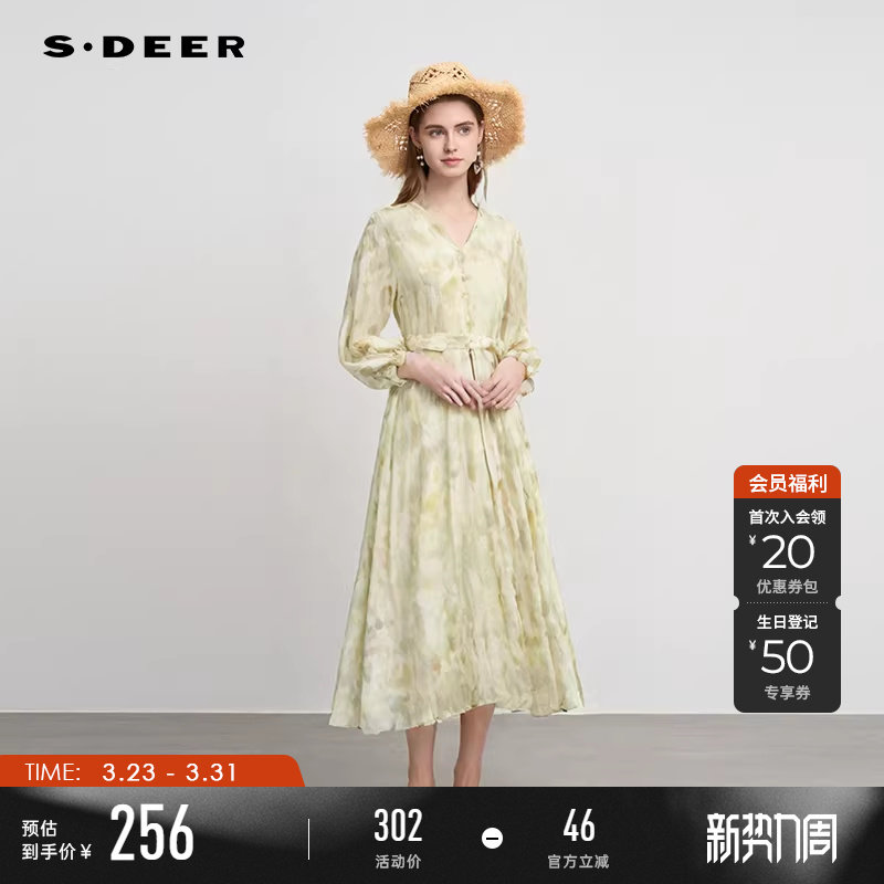 sdeer圣迪奥春秋装女装田园风V领收腰印花网纱连衣裙S243Z1208