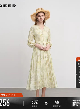 sdeer圣迪奥春秋装女装田园风V领收腰印花网纱连衣裙S243Z1208