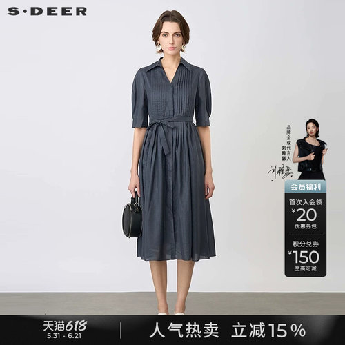s.deerV领风琴褶衬衫连衣裙