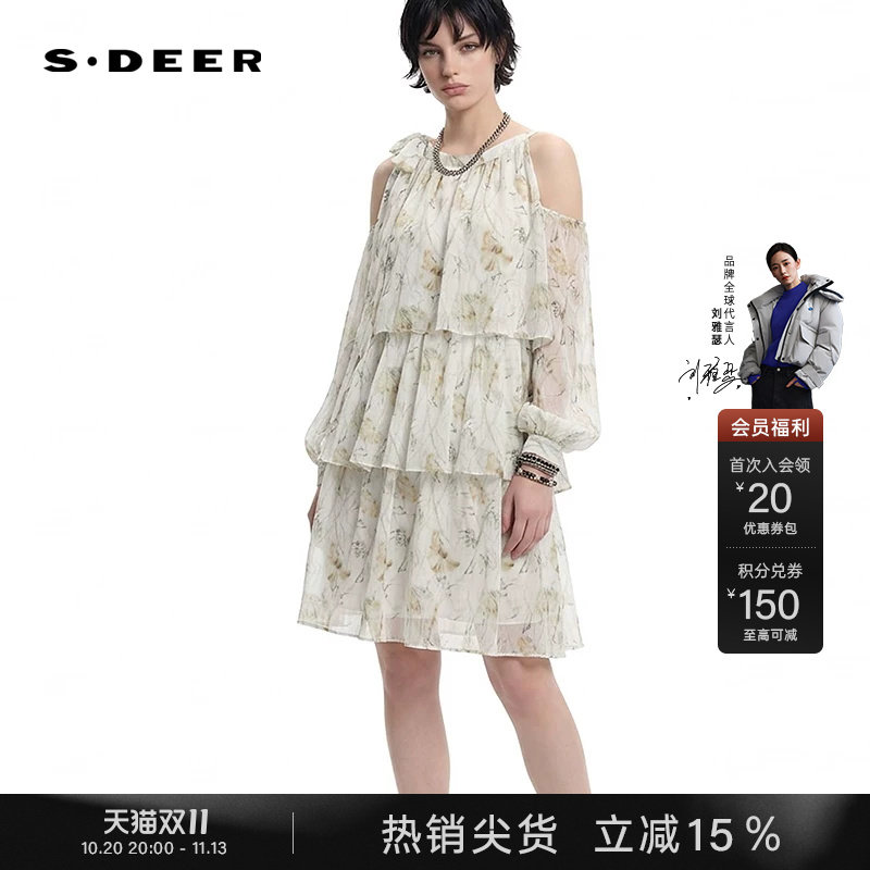 sdeer圣迪奥夏季女装圆领系带露肩印花雪纺连衣裙S242Z12N4