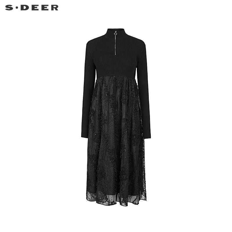 sdeer半高领蕾丝拼接针织连衣裙