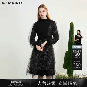sdeer圣迪奥女装时尚圆领拼接网纱条纹连衣裙S231Z1256