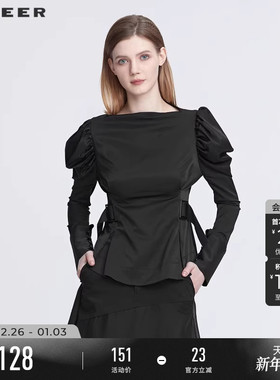 sdeer圣迪奥春秋装一字领收腰不规则宫廷袖黑色衬衫女S22180514