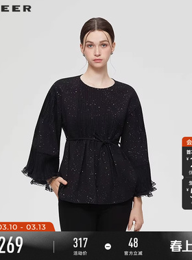 sdeer圣迪奥女装春秋装圆领风琴褶收腰花边宽松上衣S253Z2228