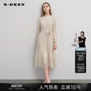 sdeer圣迪奥春秋装女装优雅圆领收腰网纱绣花连衣裙S241Z1288