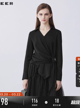 sdeer圣迪奥女装春秋装V领立体裁剪不规则黑色衬衫S21380508