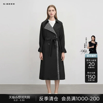 sdeer时尚翻领印花收腰长款风衣