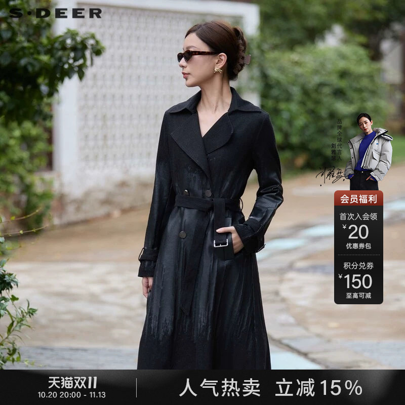 sdeer圣迪奥秋装女装时尚翻领收腰涂鸦宽松长款风衣S24381802