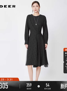 sdeer圣迪奥春秋装女装复古圆领收腰肌理网纱连衣裙S243Z1289