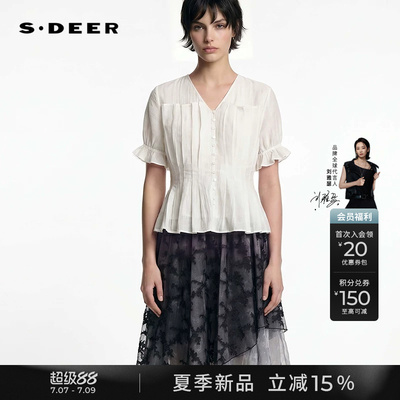 sdeer文艺V领压褶拼接短袖上衣