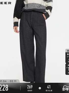 sdeer圣迪奥女装25年新品OL风高腰插袋直筒毛呢长裤S253Z0812