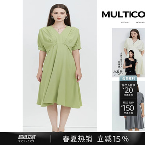 sdeer圣迪奥泡泡袖连衣裙女V领法式高级感夏装长裙S223Z12R8