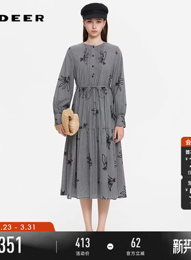 sdeer圣迪奥女装春秋装复古圆领绣花网纱格纹连衣裙S253Z1270