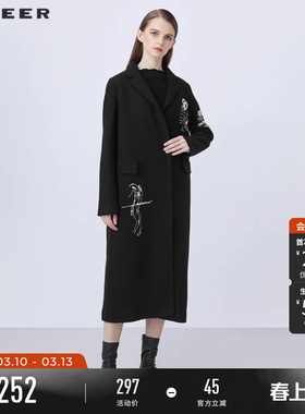 sdeer圣迪奥冬季女装西装领撞色字母H型毛呢大衣S214Z1875