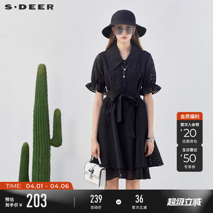 sdeer圣迪奥女装 格子连衣裙S232Z12BW 翻领收腰泡泡袖