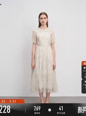 sdeer圣迪奥夏季女装田园风圆领碎花收腰网纱短袖连衣裙S242Z12D6