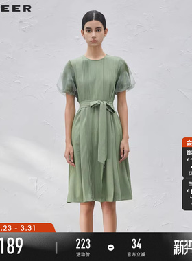 sdeer圣迪奥夏季女装风琴褶收腰网纱泡泡袖连衣裙S232Z12UB