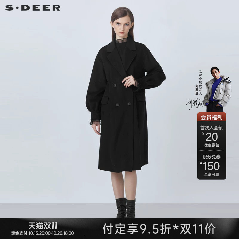 sdeer圣迪奥冬季翻领双排扣泡泡袖长款绵羊毛呢大衣外套S21461827