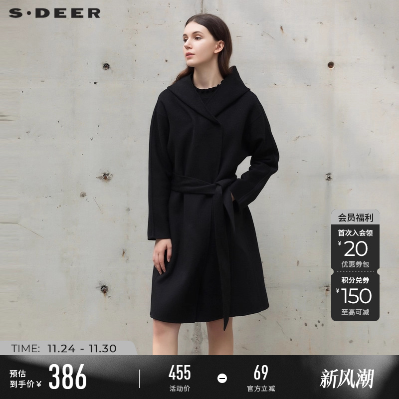 sdeer连帽收腰黑色长款毛呢大衣