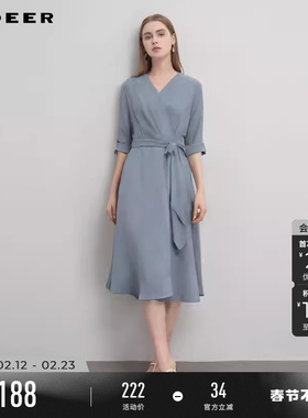 sdeer圣迪奥春秋装女装V领压褶收腰不规则雪纺连衣裙S233Z1286